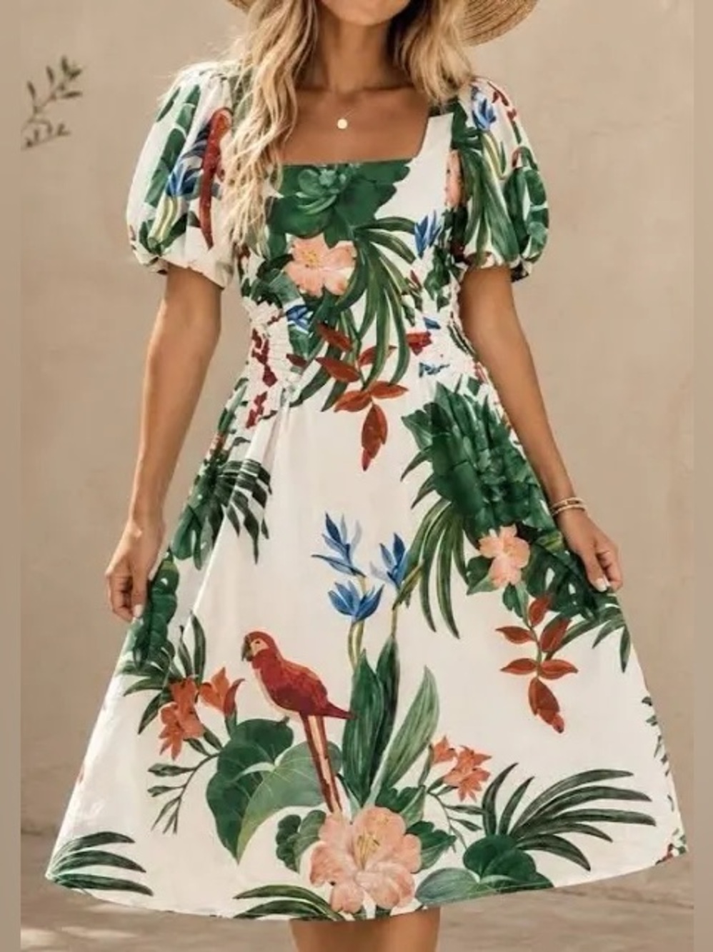 FARM Rio White Midi Dress with Green Tropical Print and Red Accents